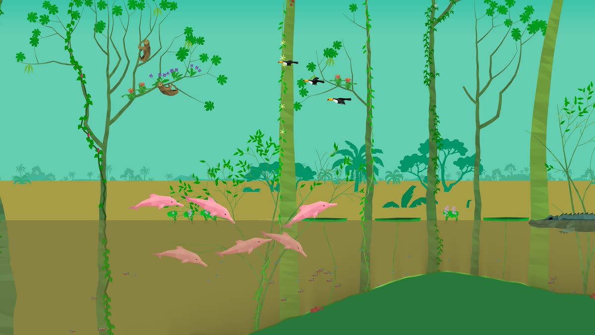 Pink river dolphins and a caiman in flooded forest