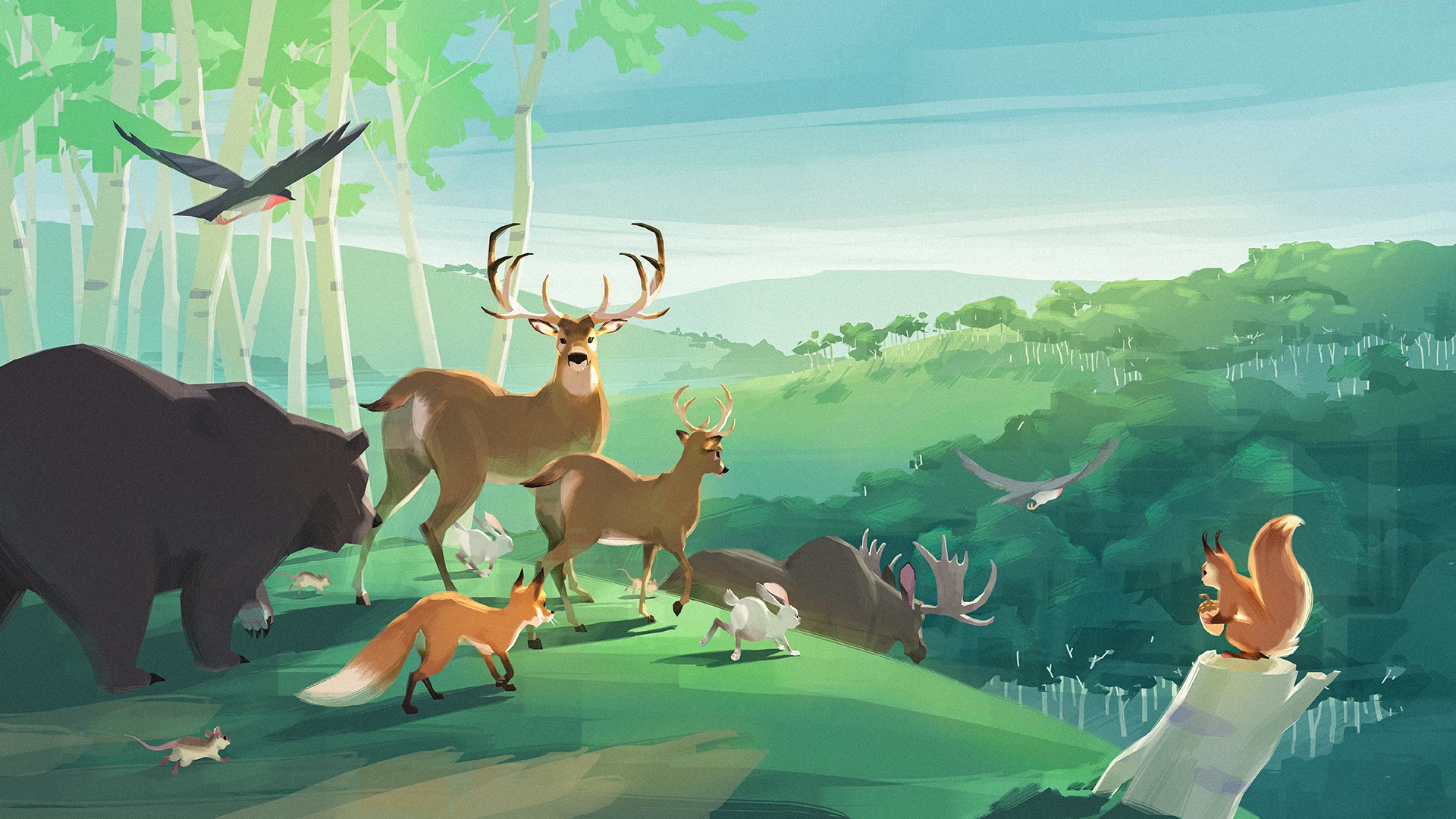 A thriving PolyPine forest filled with wildlife