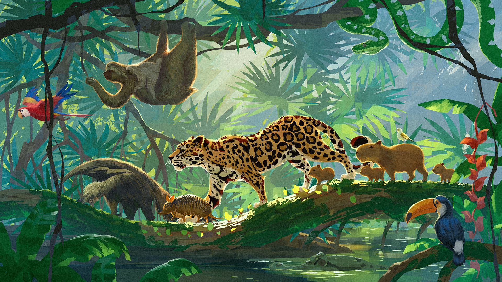 A flourishing Amazon rainforest filled with animals